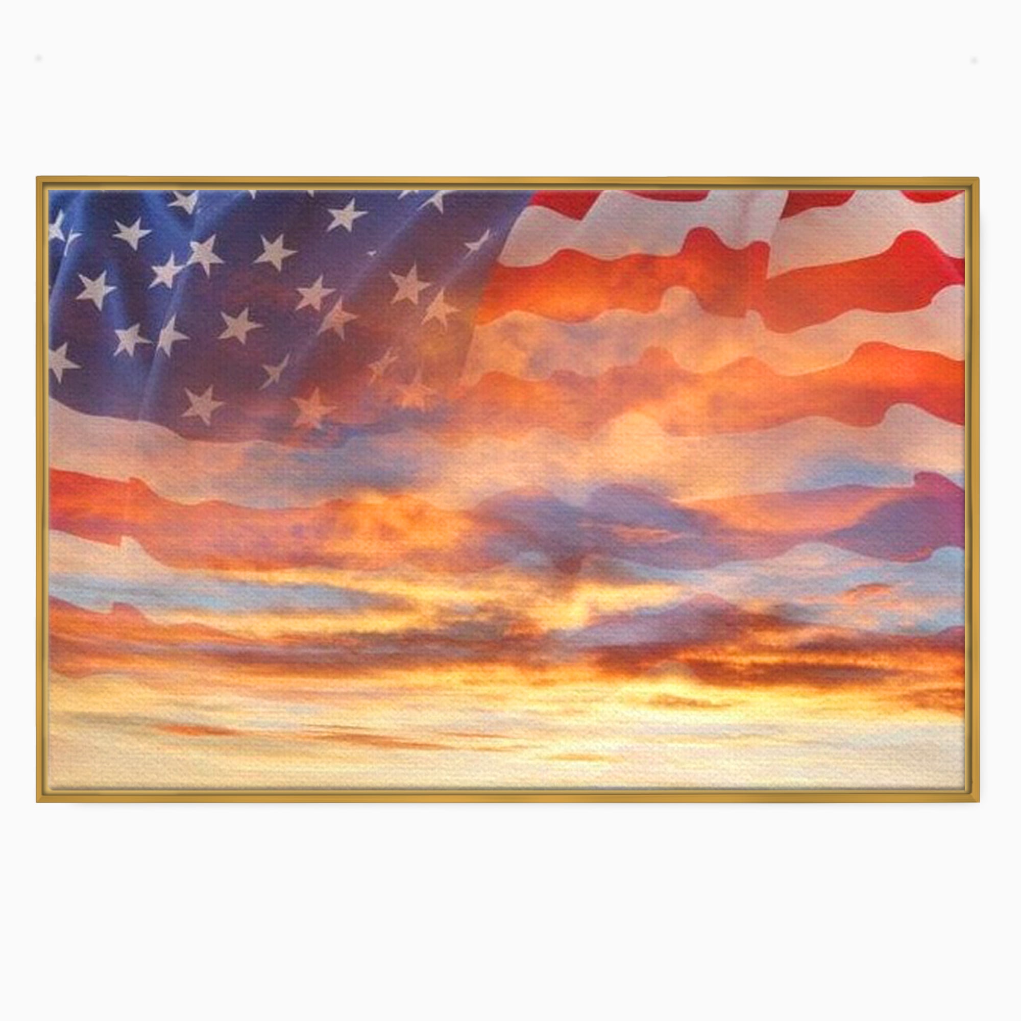 Tablou canvas cu tablou canvas cu steagul american si apus, in rama de aluminiu auriu