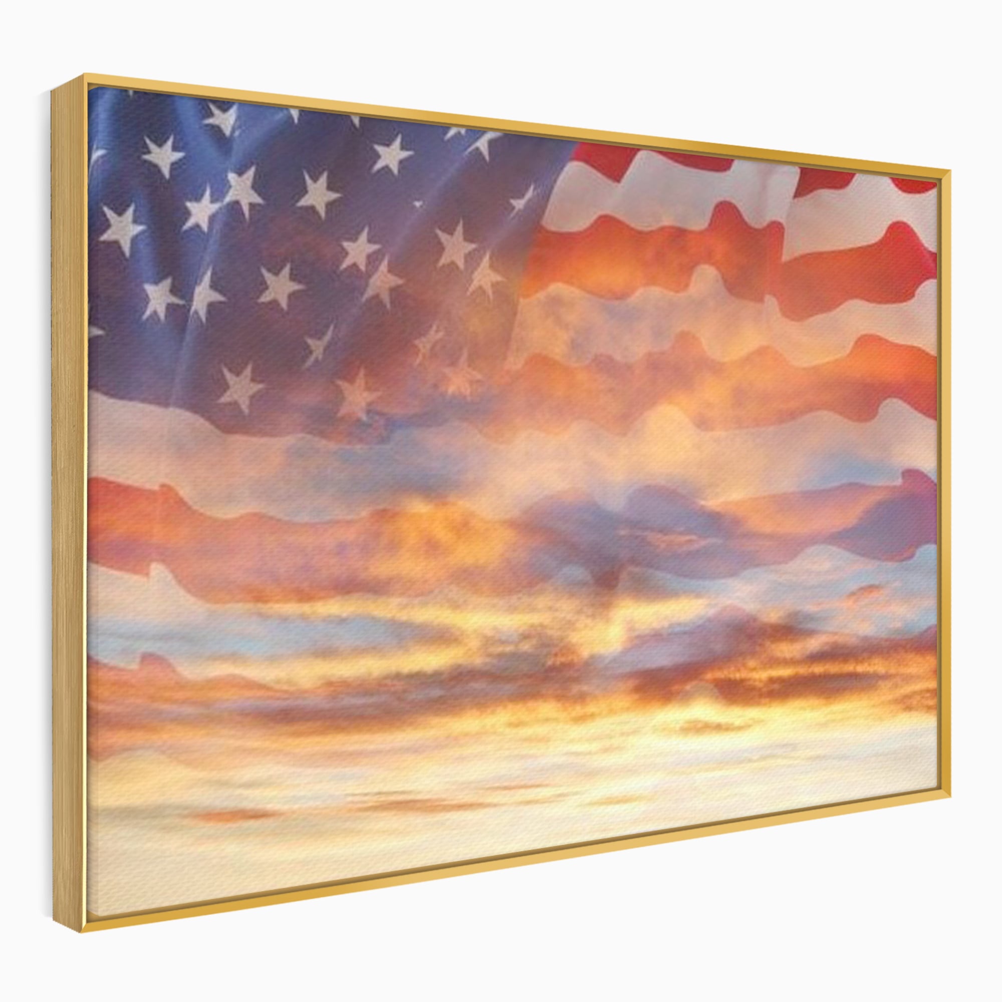 Tablou canvas cu tablou canvas cu steagul american si apus, in rama de aluminiu auriu