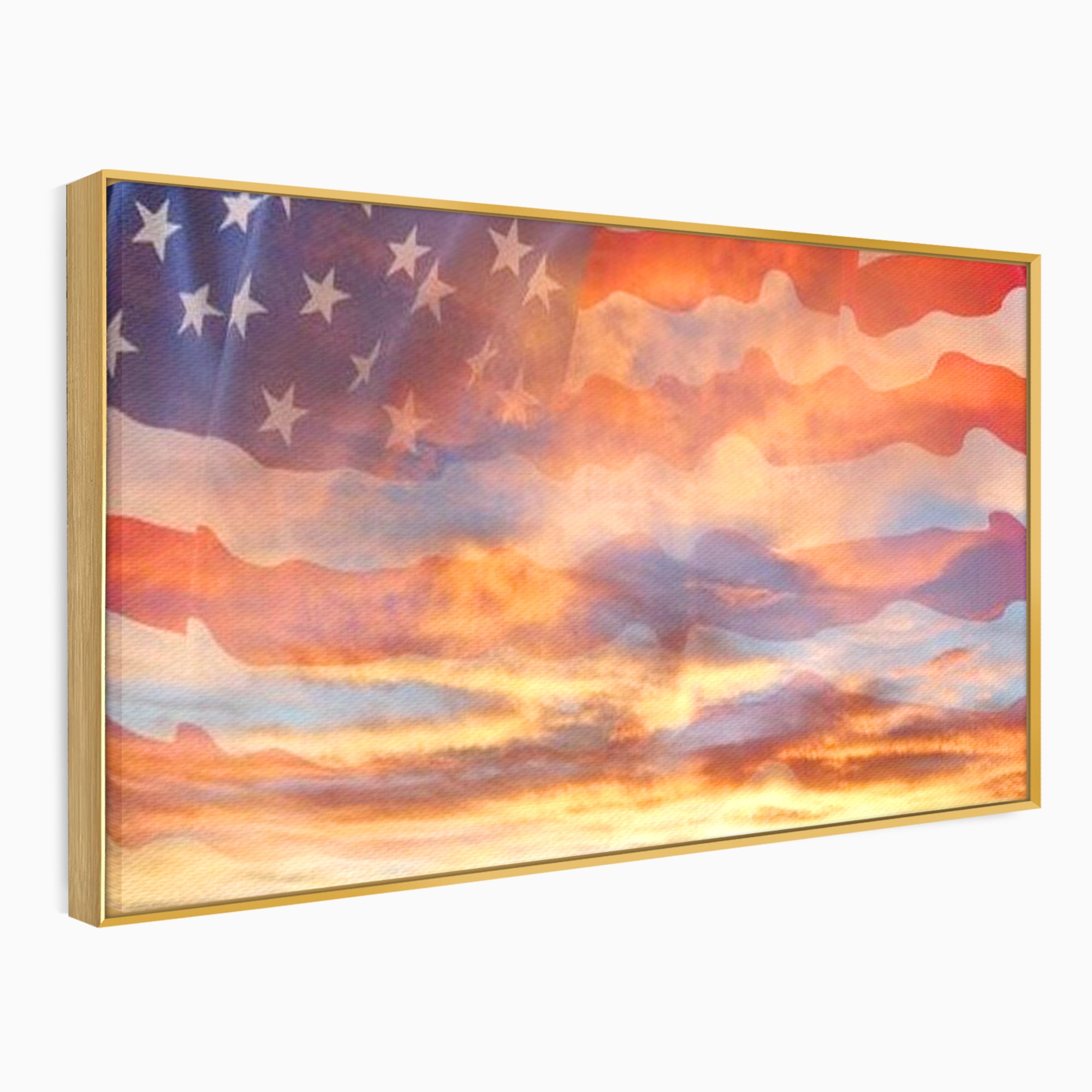 Tablou canvas cu tablou canvas cu steagul american si apus, in rama de aluminiu auriu