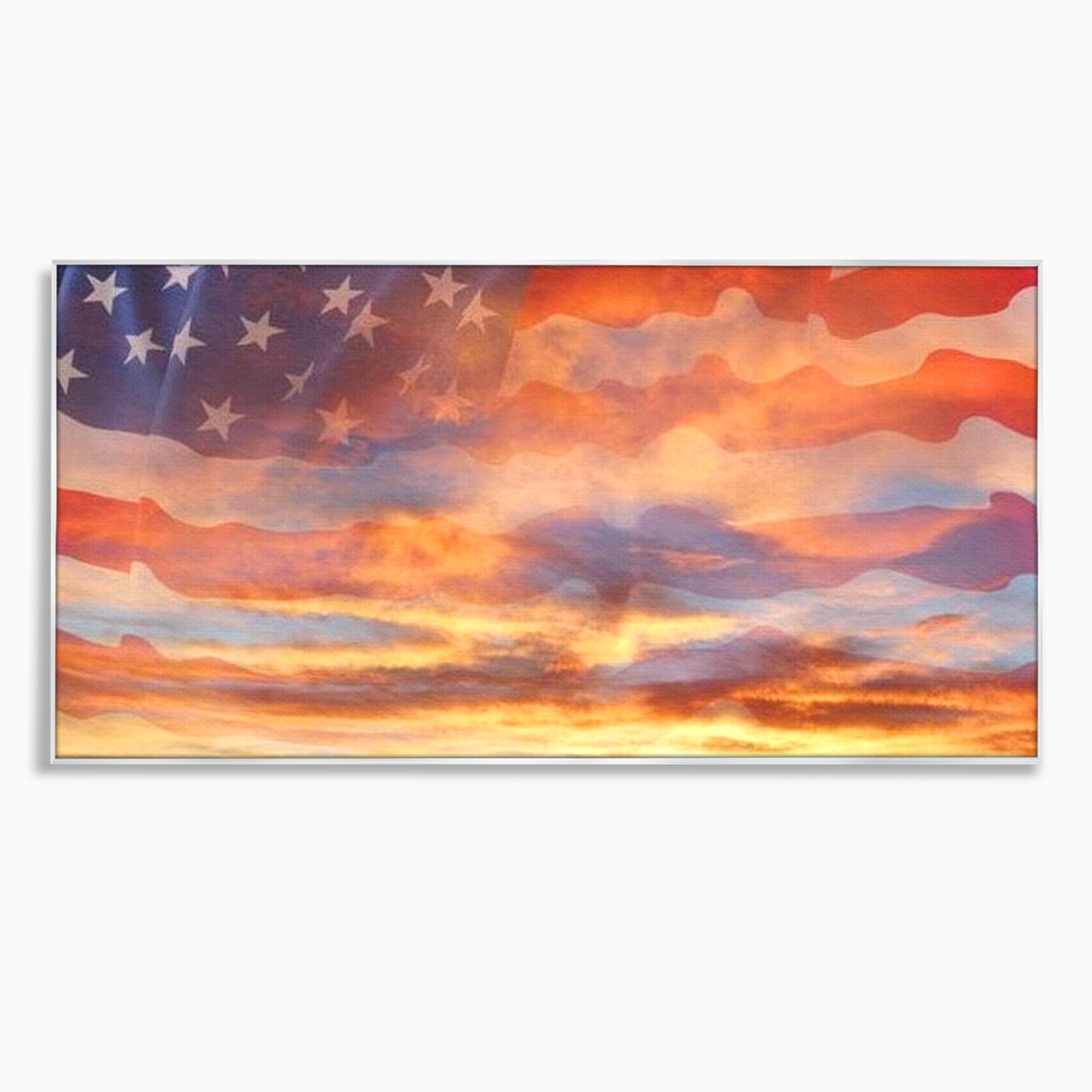 Tablou canvas cu tablou canvas cu steagul american si apus, in rama de aluminiu argintiu