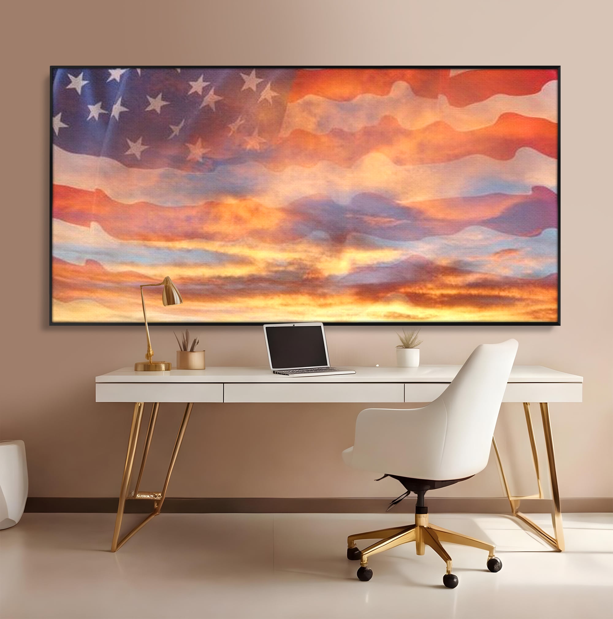 Tablou canvas cu tablou canvas cu steagul american si apus, in rama de aluminiu negru, pe perete intr-un birou