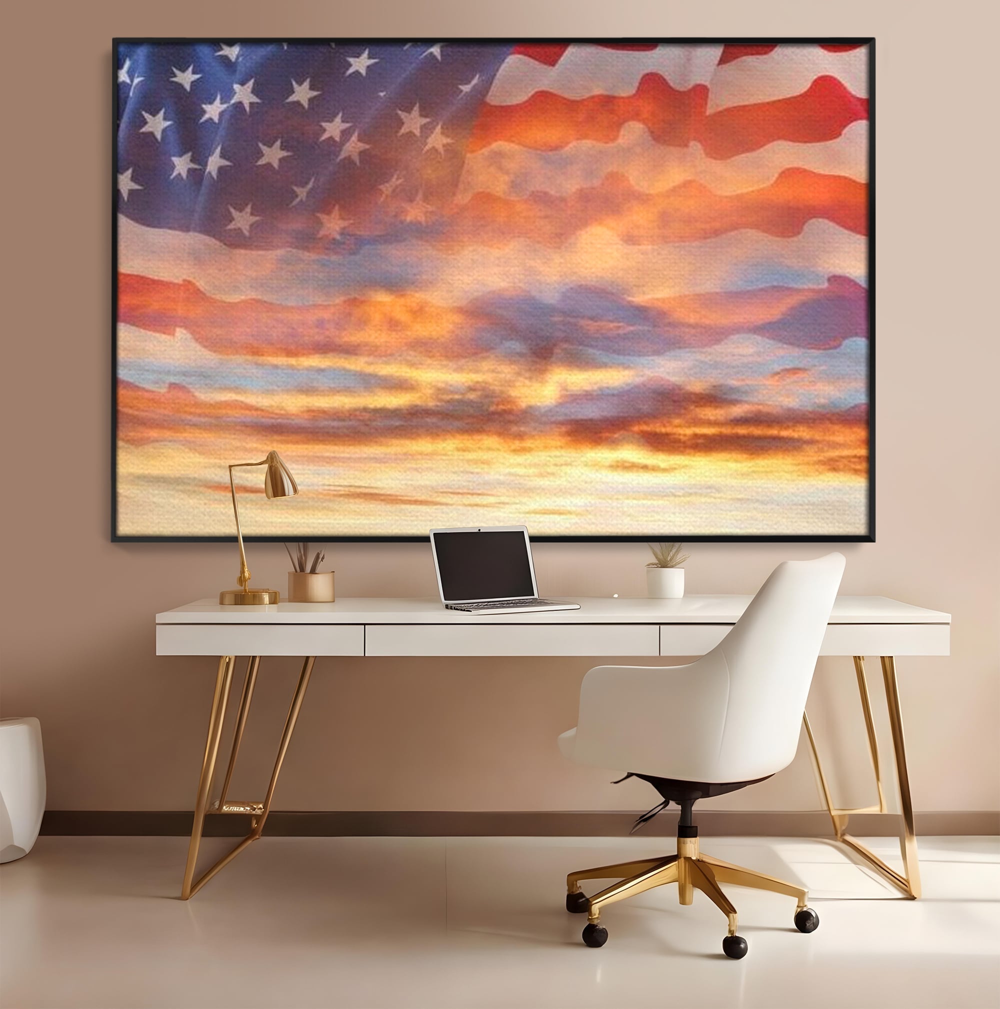 Tablou canvas cu tablou canvas cu steagul american si apus, in rama de aluminiu negru, pe perete intr-un birou