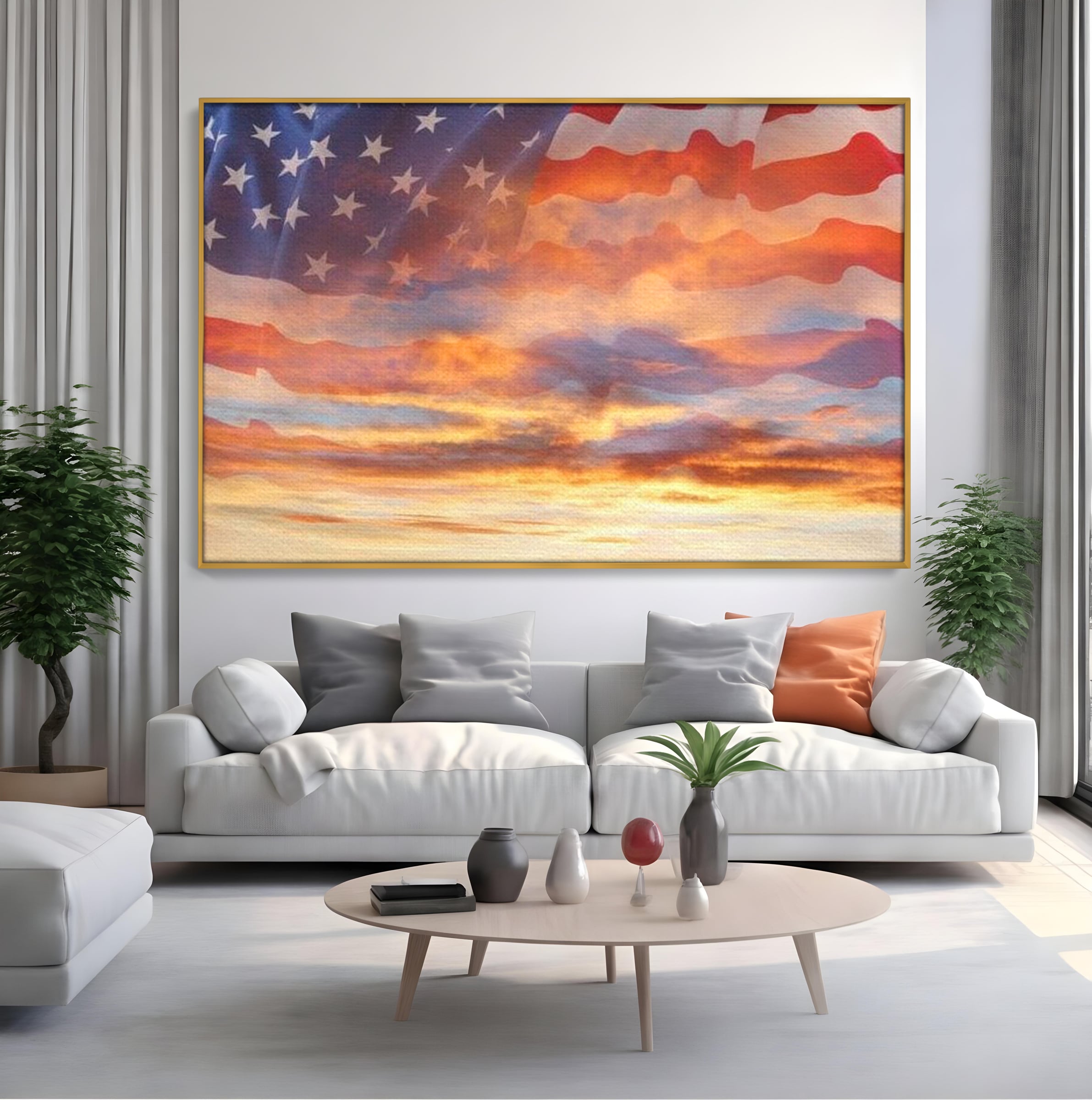 Tablou canvas cu tablou canvas cu steagul american si apus, in rama de aluminiu auriu, pe perete intr-un living