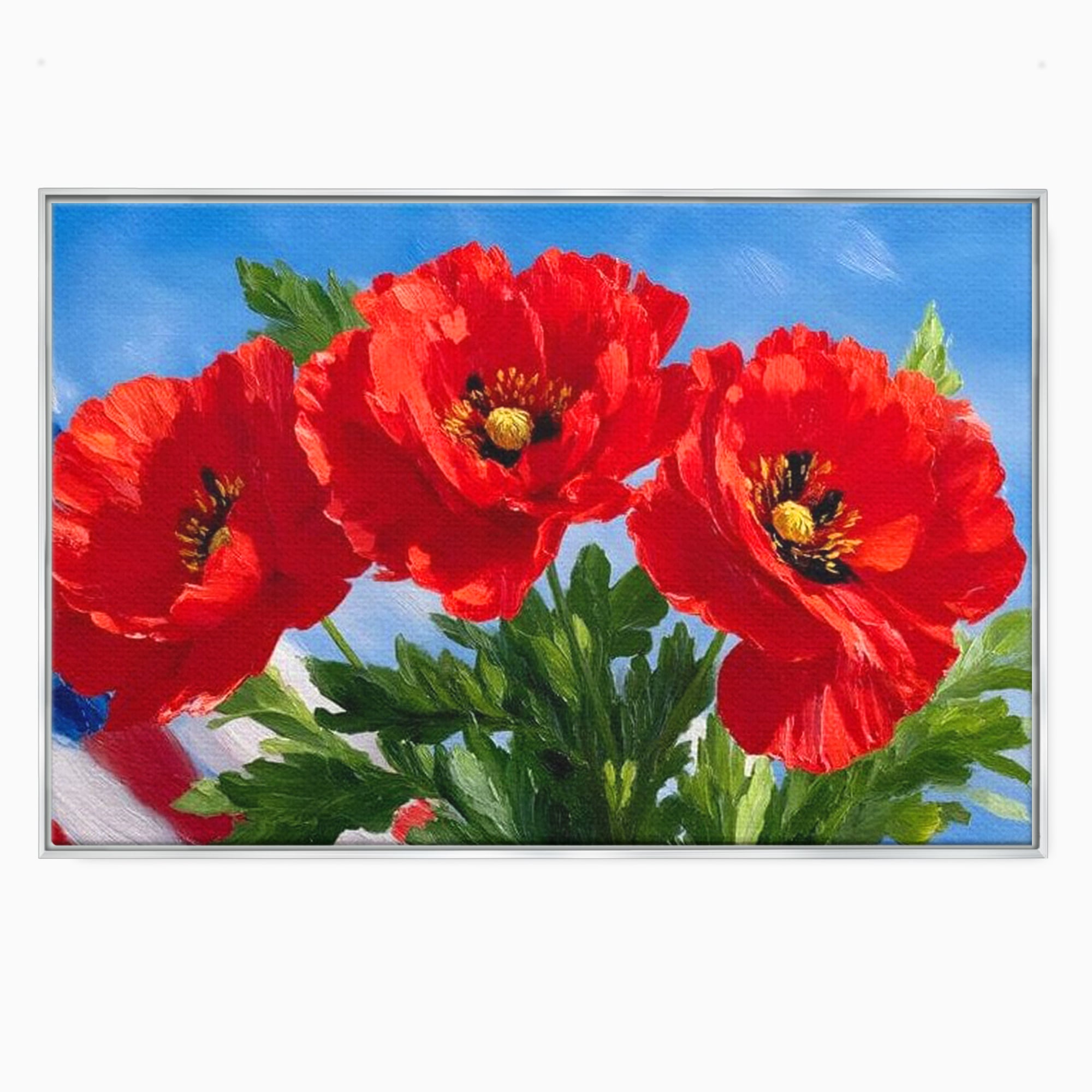 Tablou canvas cu tablou pictura cu trei maci, in rama de aluminiu argintiu