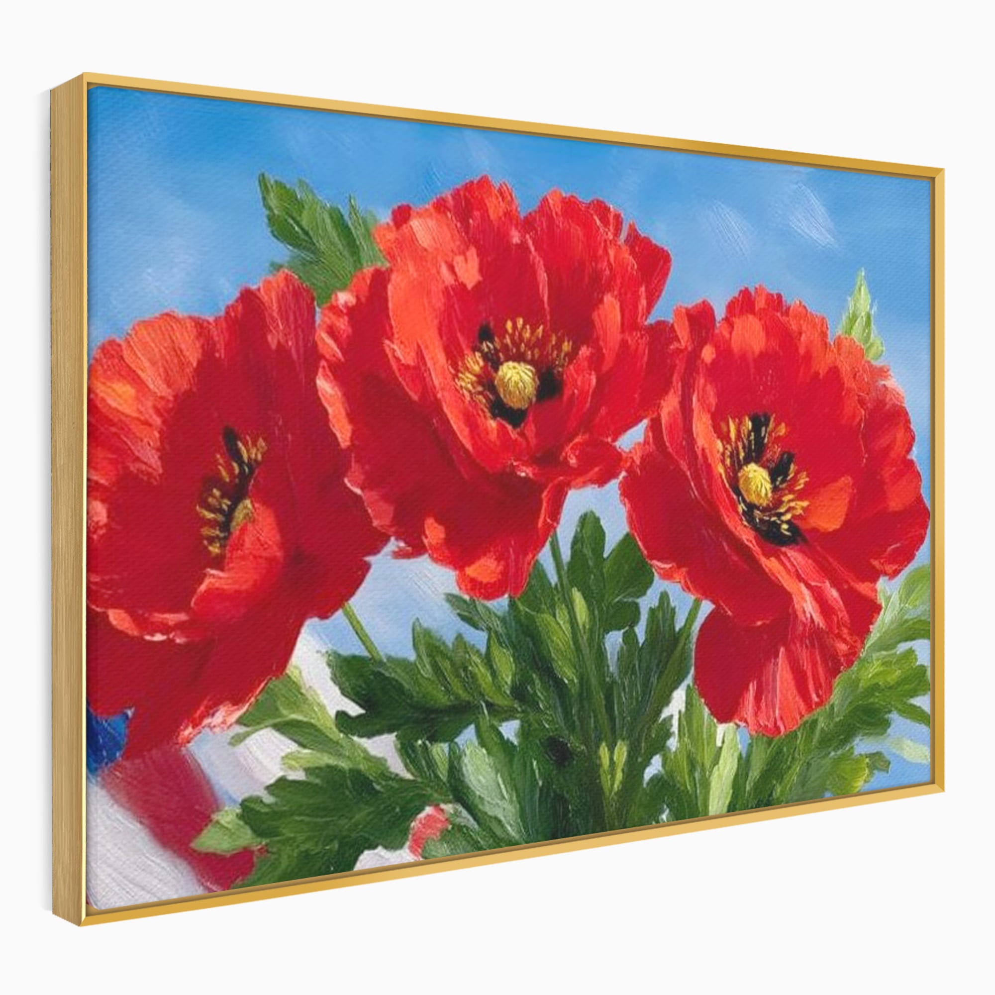 Tablou canvas cu tablou pictura cu trei maci, in rama de aluminiu auriu
