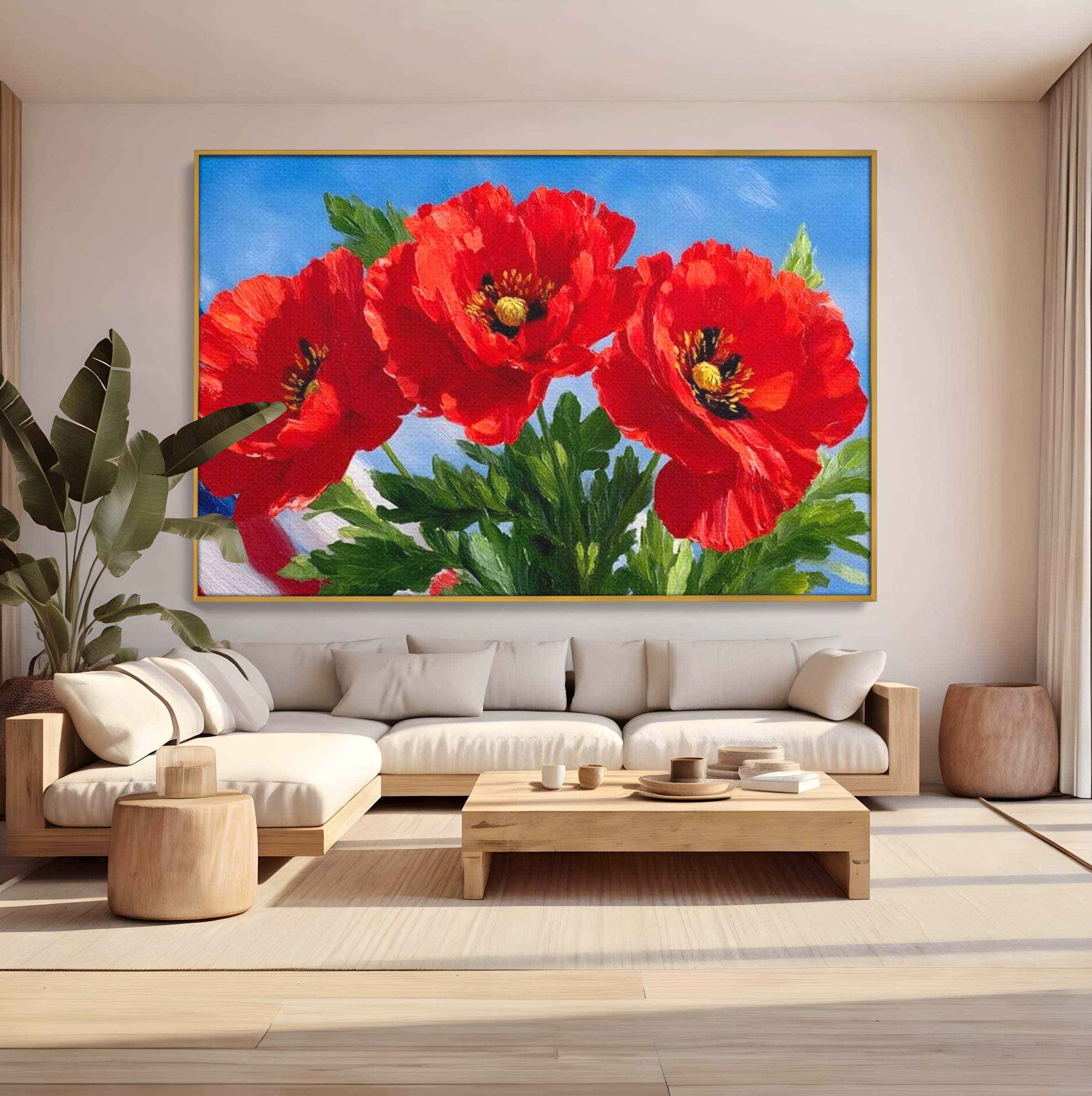 Tablou canvas cu tablou pictura cu trei maci, in rama de aluminiu auriu, pe perete intr-un living