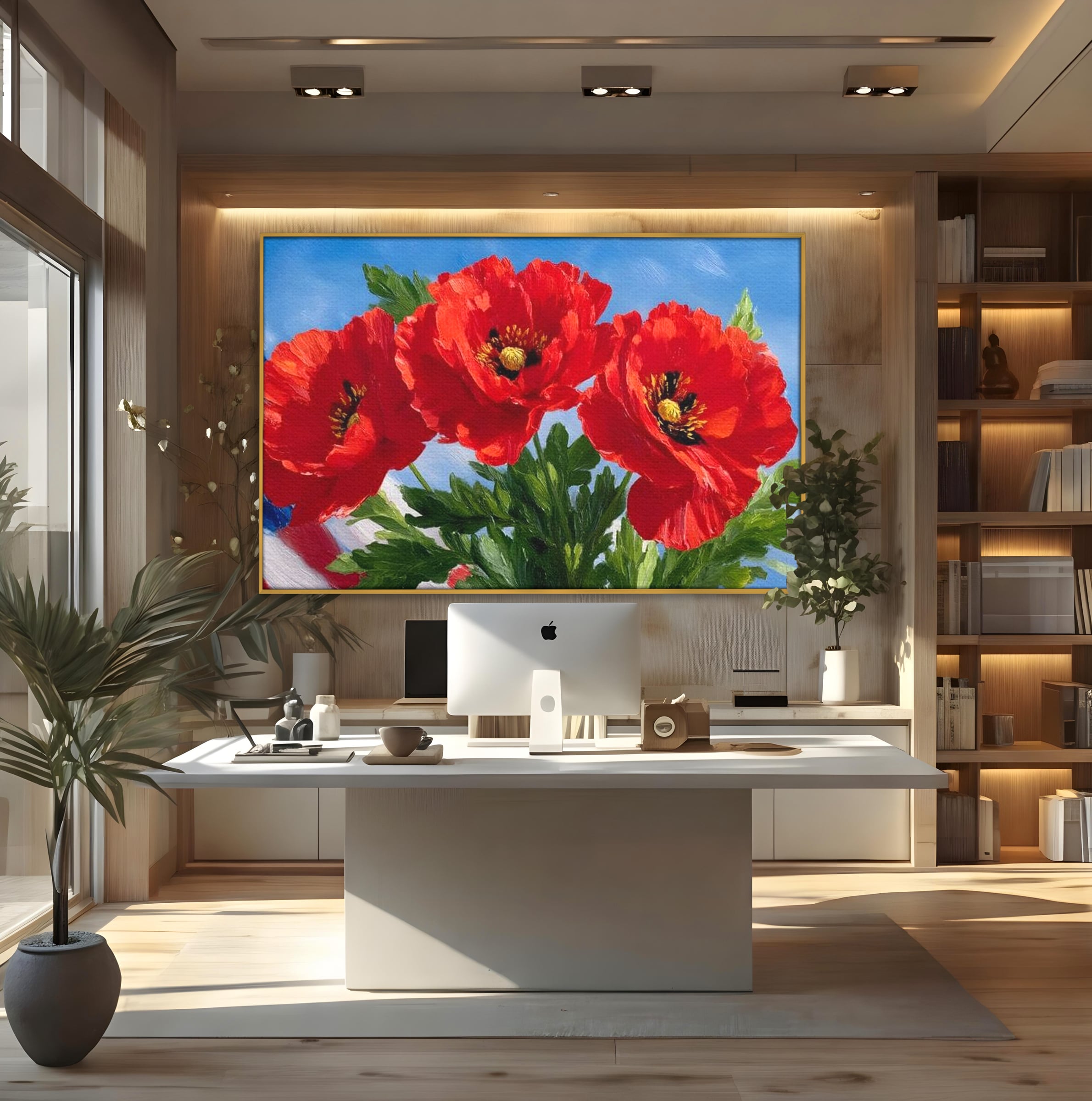 Tablou canvas cu tablou pictura cu trei maci, in rama de aluminiu auriu, pe perete intr-un birou