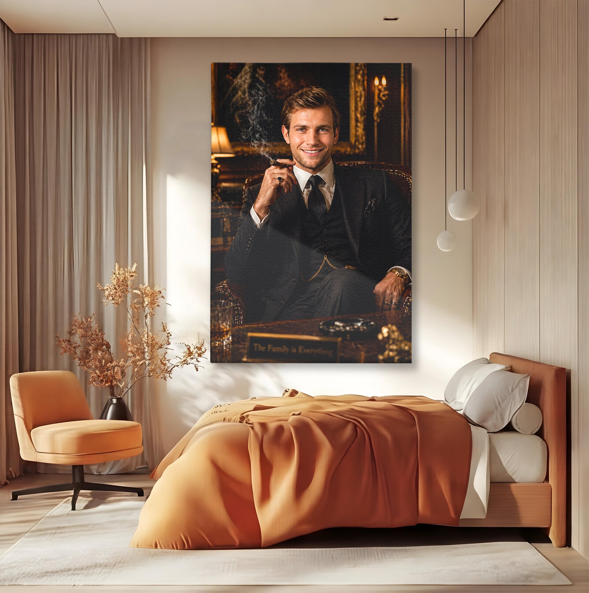 Tablou canvas cu tablou personalizat barbat cu trabuc, pe perete intr-un dormitor