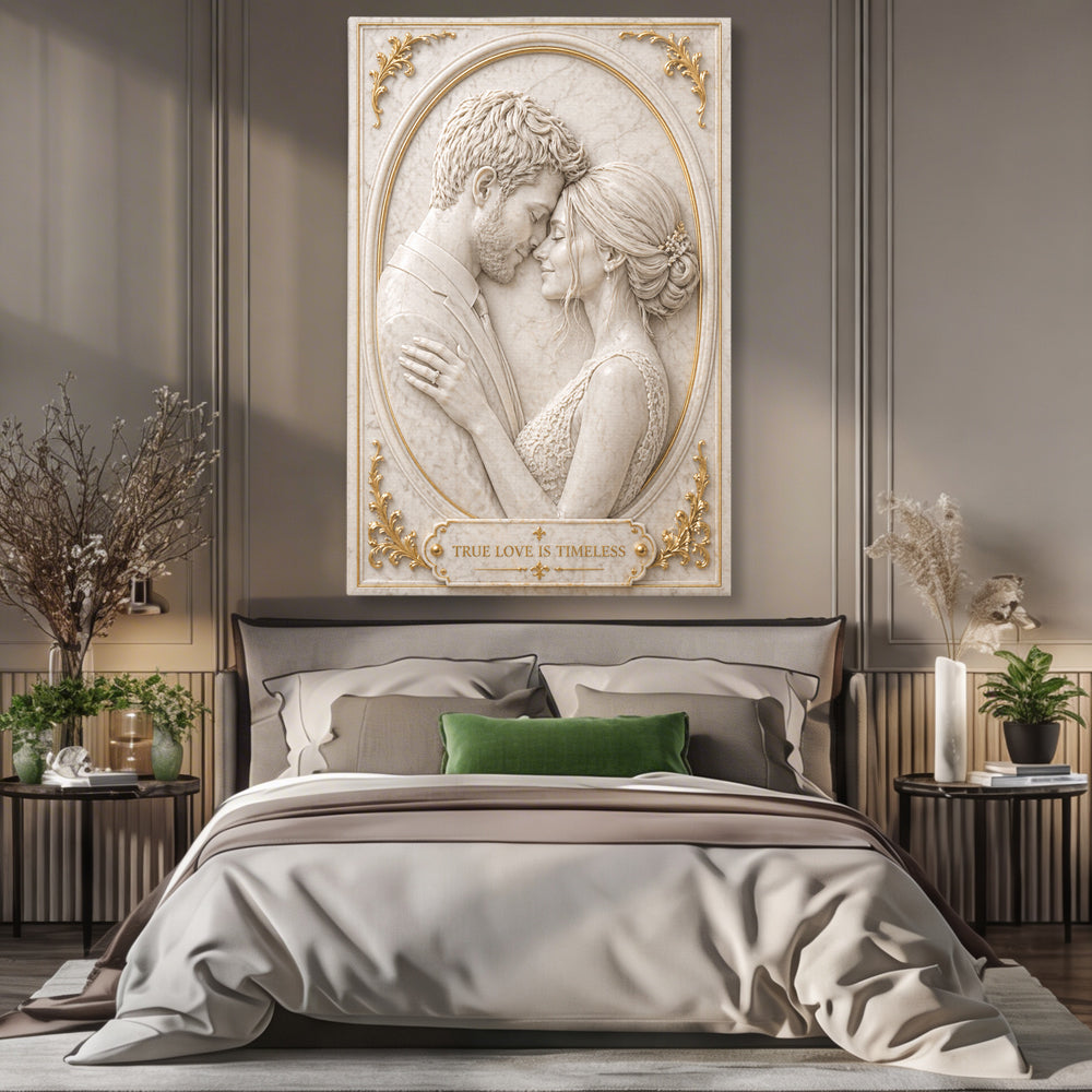 Tablou canvas cu tablou sculptura in marmura cu cuplu, pe perete intr-un dormitor
