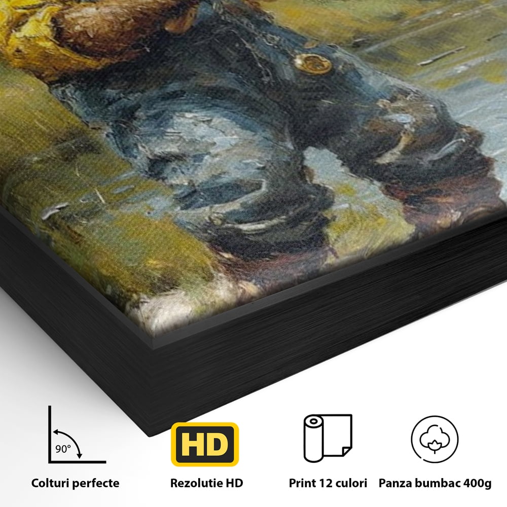 Detaliu al suprafetei: tablou canvas cu urs pescar, in rama de aluminiu negru