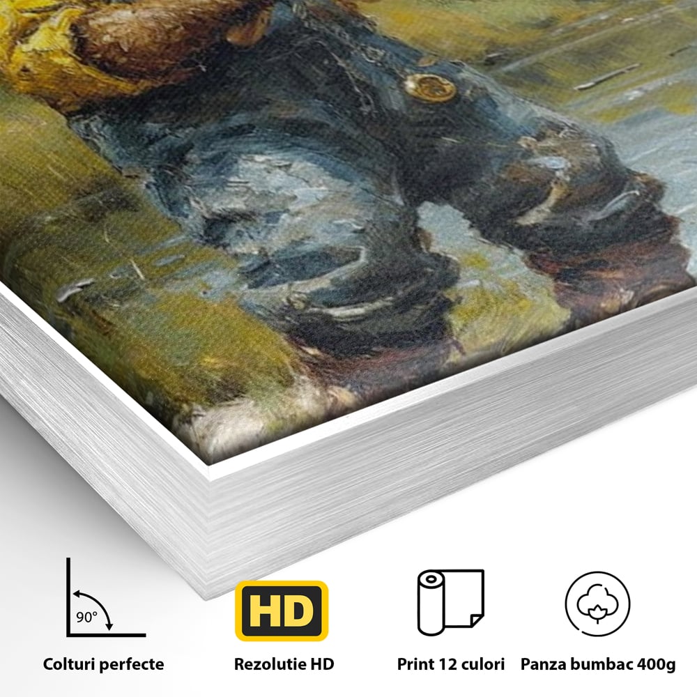 Detaliu al suprafetei: tablou canvas cu urs pescar, in rama de aluminiu argintiu