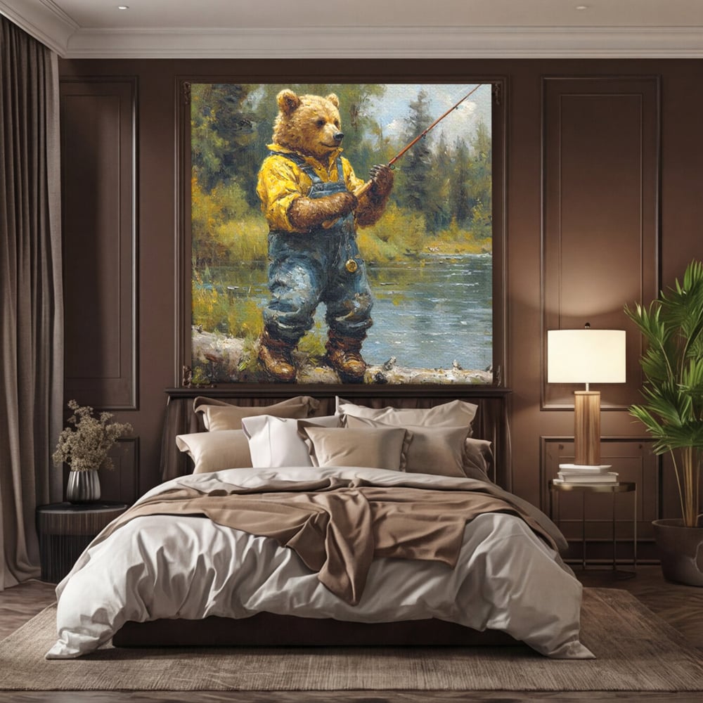 Tablou canvas cu tablou canvas cu urs pescar, fara rama, pe sasiu de lemn, pe perete intr-un dormitor