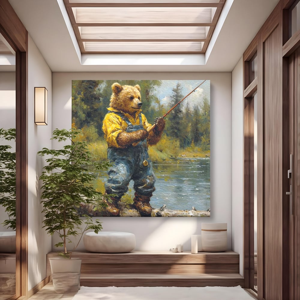 Tablou canvas cu tablou canvas cu urs pescar, fara rama, pe sasiu de lemn
