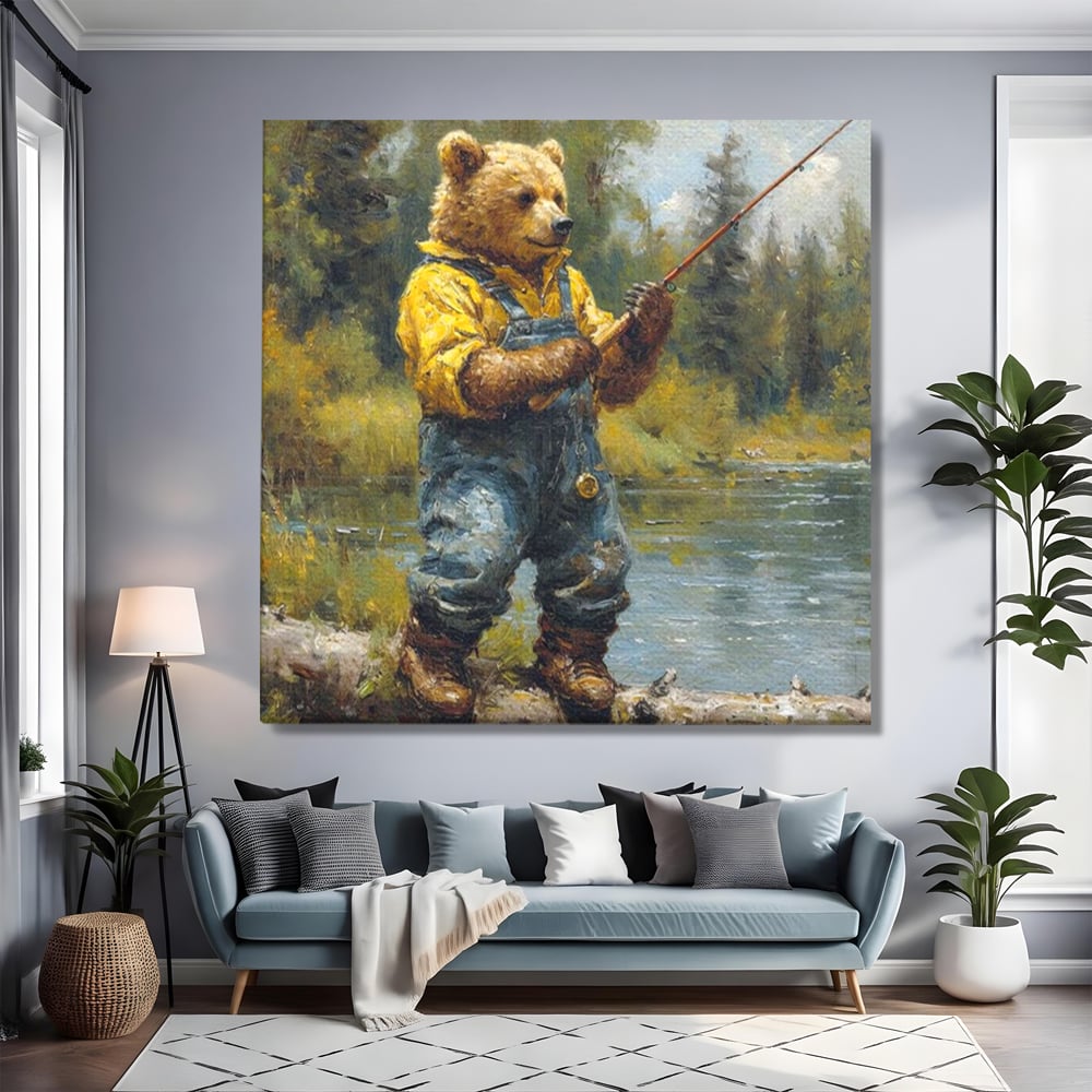 Tablou canvas cu tablou canvas cu urs pescar, fara rama, pe sasiu de lemn, pe perete intr-un living