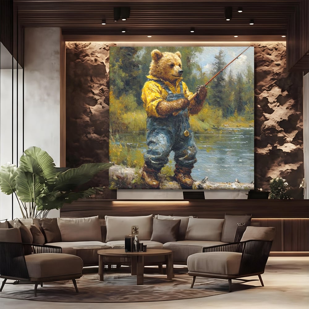 Tablou canvas cu tablou canvas cu urs pescar, fara rama, pe sasiu de lemn, pe perete intr-un birou