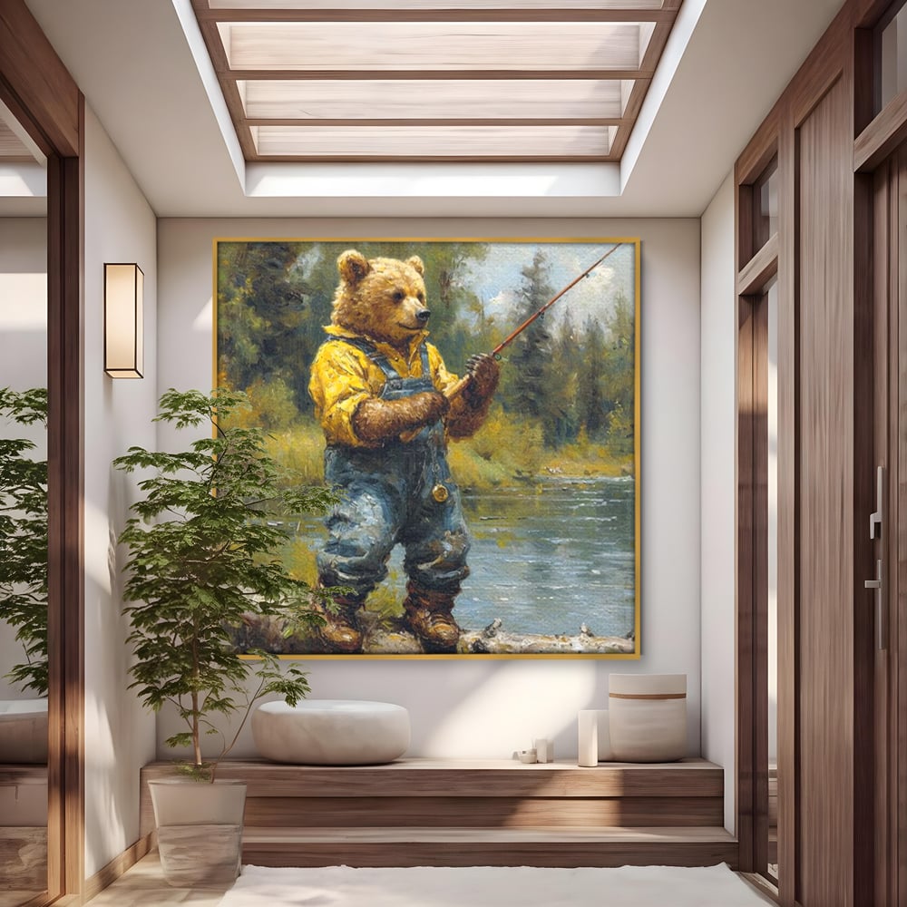Tablou canvas cu tablou canvas cu urs pescar, in rama de aluminiu auriu