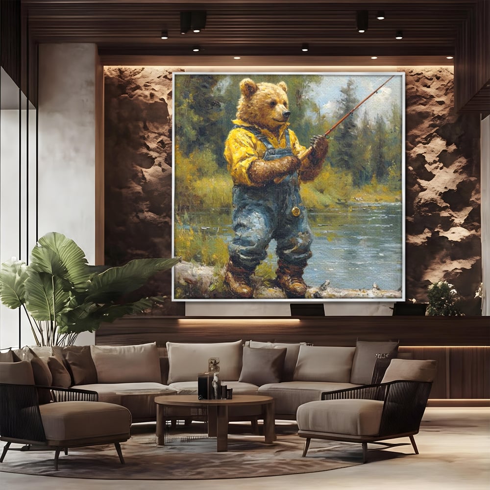 Tablou canvas cu tablou canvas cu urs pescar, in rama de aluminiu argintiu, pe perete intr-un birou