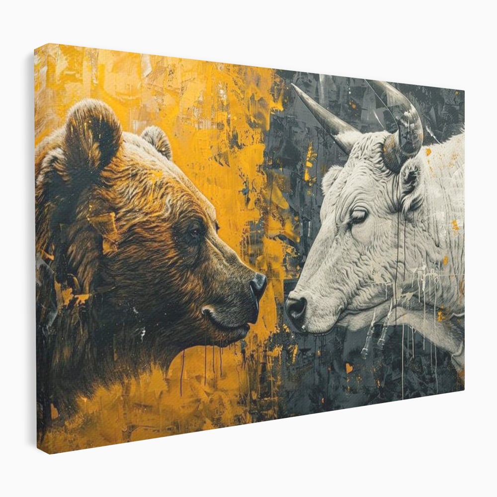 Tablou canvas cu tablou canvas cu urs si taur, fara rama, pe sasiu de lemn