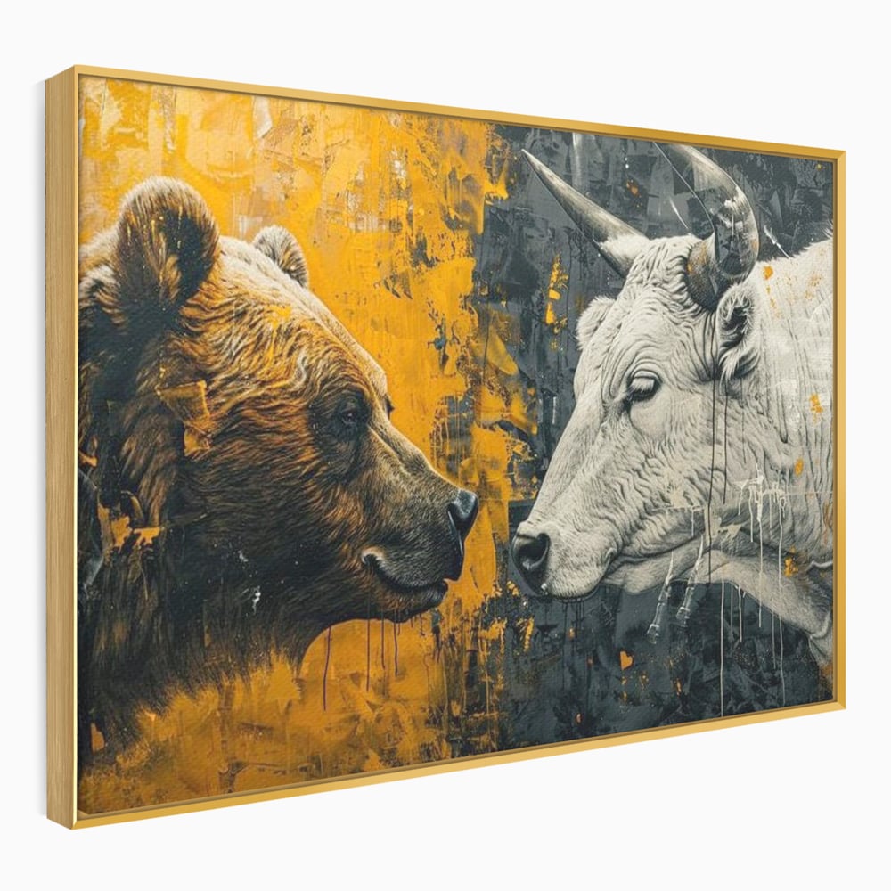 Tablou canvas cu tablou canvas cu urs si taur, in rama de aluminiu auriu