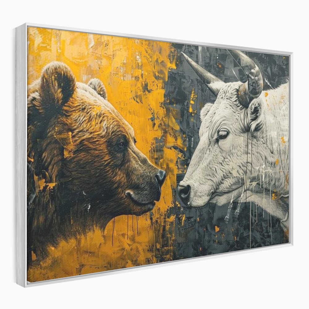 Tablou canvas cu tablou canvas cu urs si taur, in rama de aluminiu argintiu