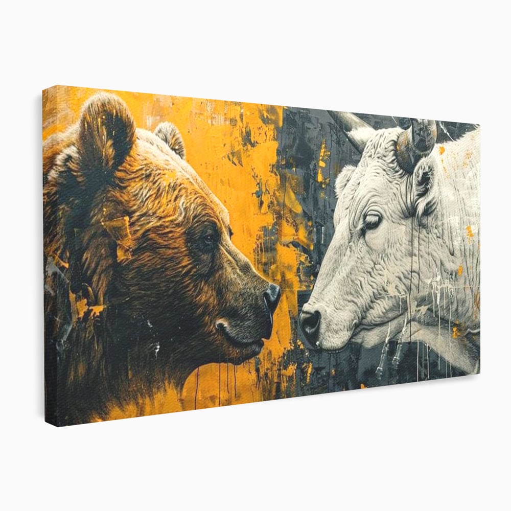 Tablou canvas cu tablou canvas cu urs si taur, fara rama, pe sasiu de lemn