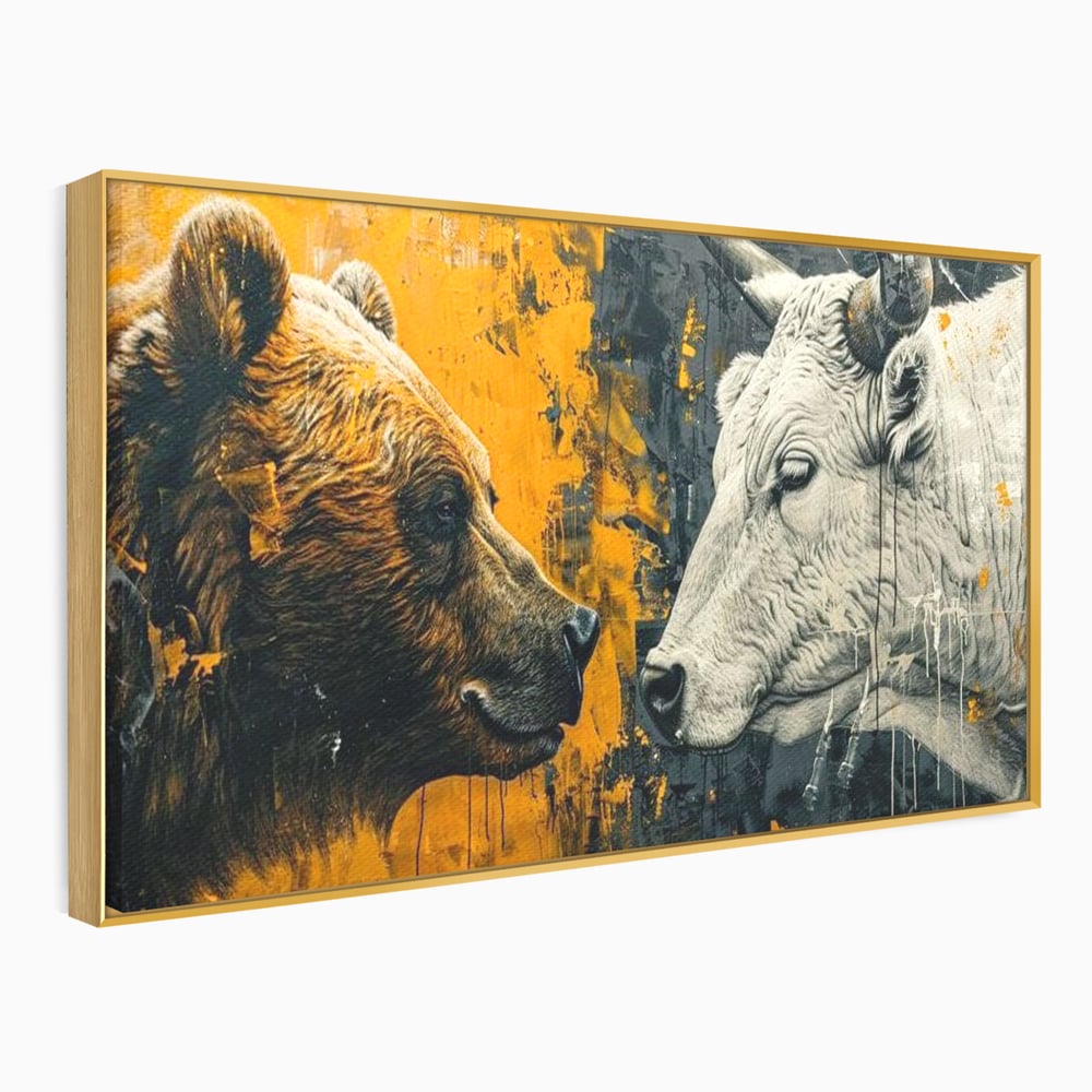 Tablou canvas cu tablou canvas cu urs si taur, in rama de aluminiu auriu