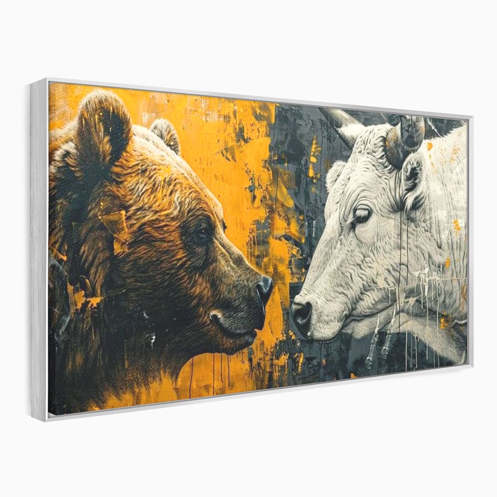 Tablou canvas cu tablou canvas cu urs si taur, in rama de aluminiu argintiu
