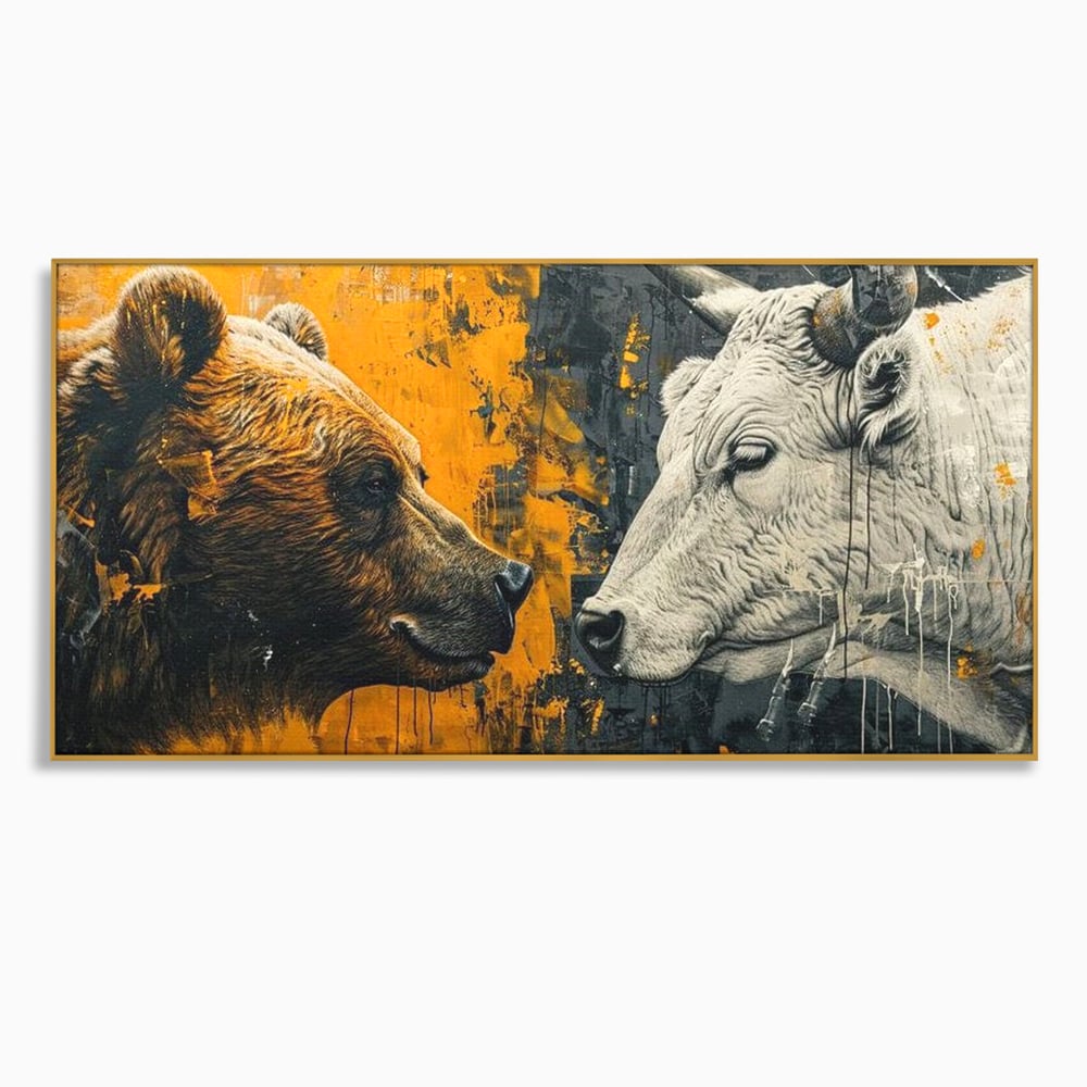 Tablou canvas cu tablou canvas cu urs si taur, in rama de aluminiu auriu