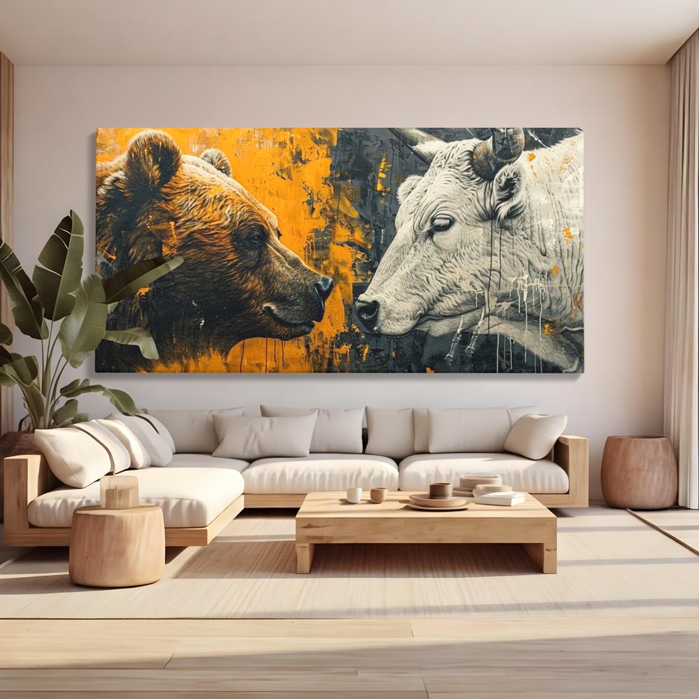 Tablou canvas cu tablou canvas cu urs si taur, fara rama, pe sasiu de lemn, pe perete intr-un living
