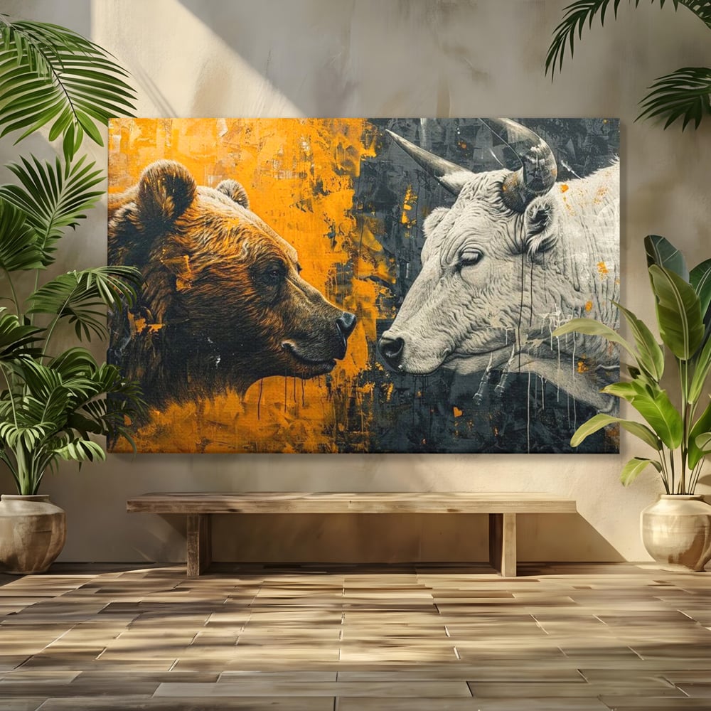 Tablou canvas cu tablou canvas cu urs si taur, fara rama, pe sasiu de lemn