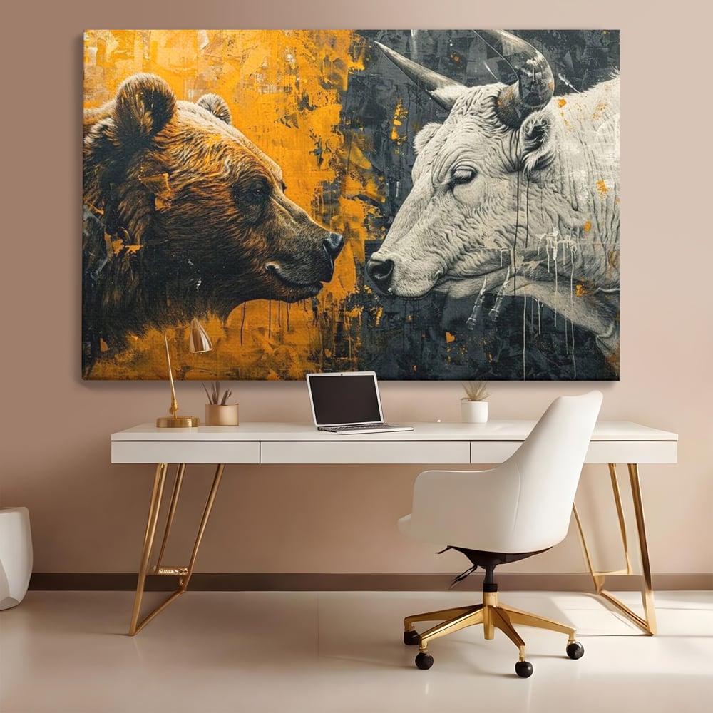 Tablou canvas cu tablou canvas cu urs si taur, fara rama, pe sasiu de lemn, pe perete intr-un birou