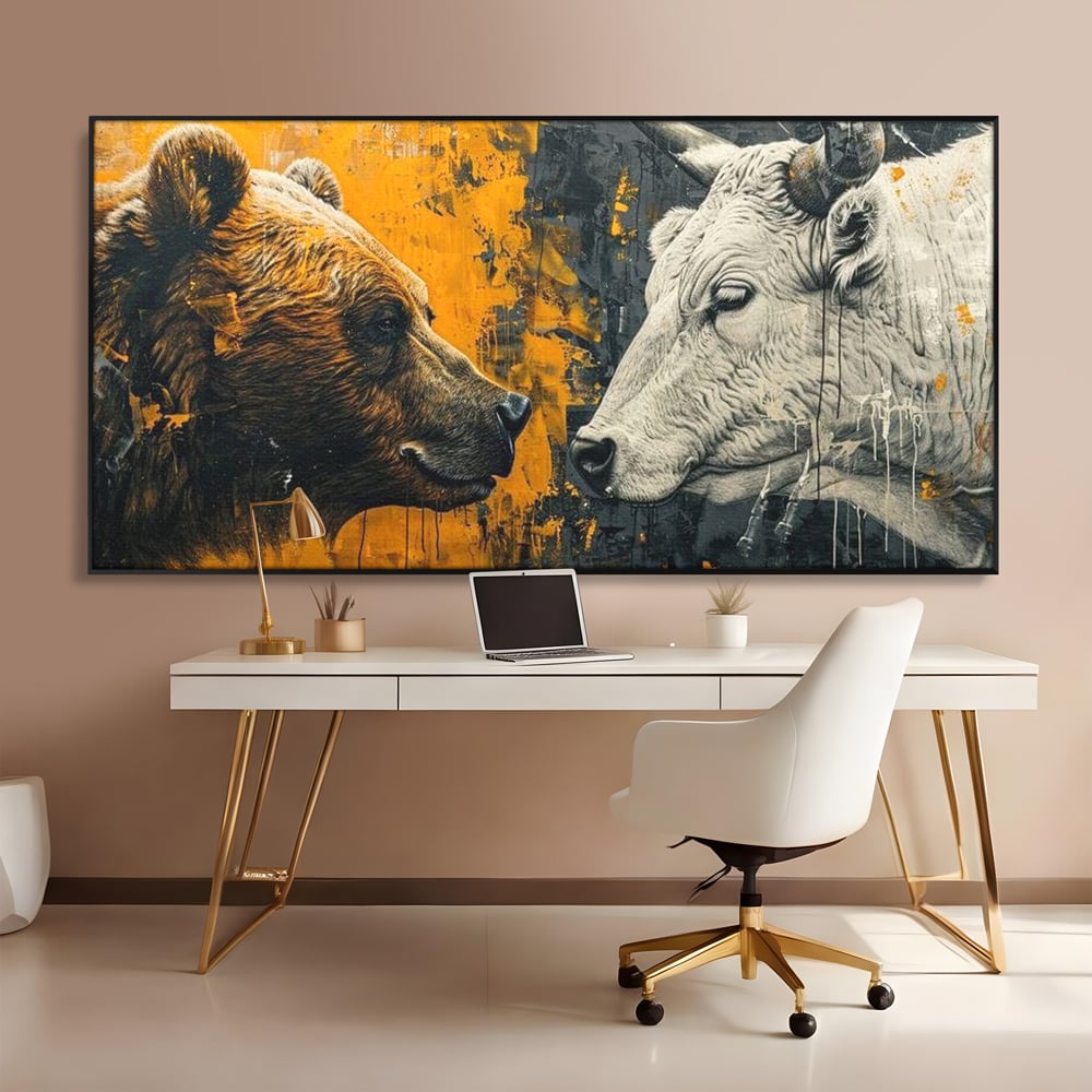 Tablou canvas cu tablou canvas cu urs si taur, in rama de aluminiu negru, pe perete intr-un birou