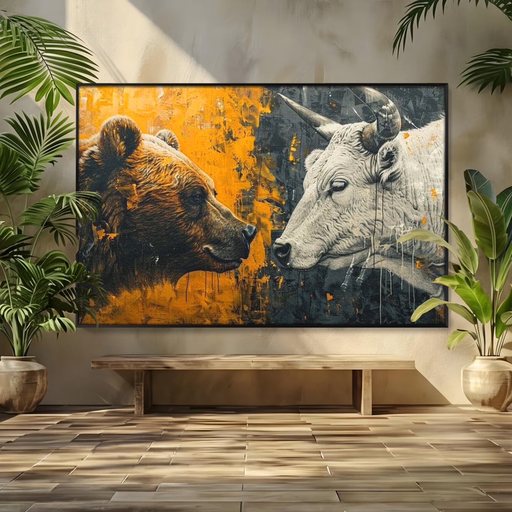 Tablou canvas cu tablou canvas cu urs si taur, in rama de aluminiu negru