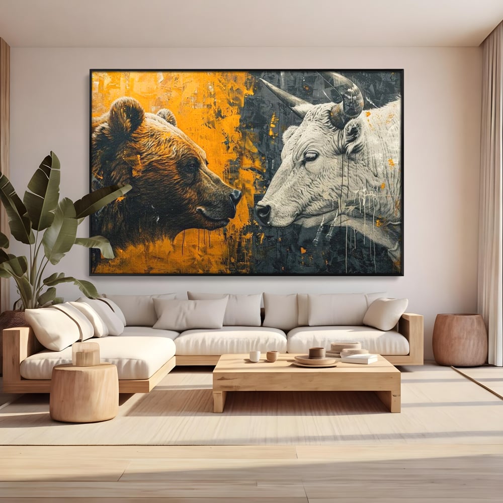 Tablou canvas cu tablou canvas cu urs si taur, in rama de aluminiu negru, pe perete intr-un living