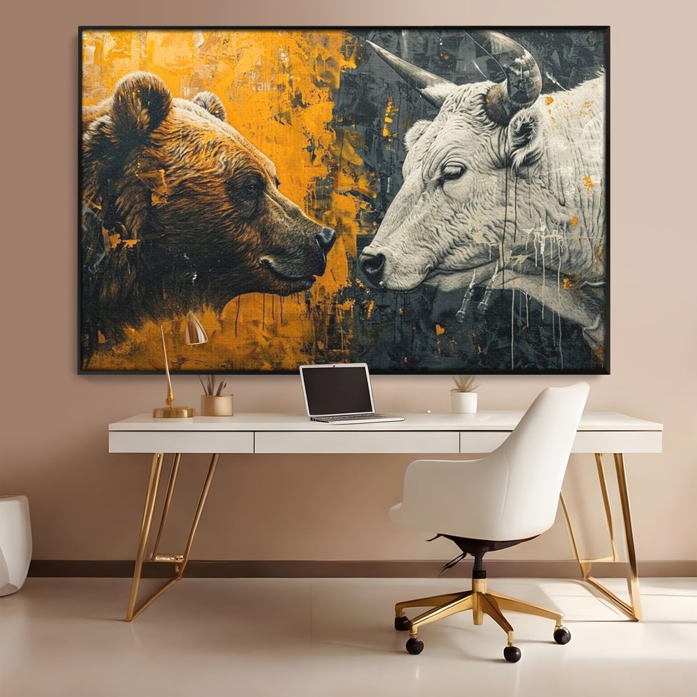Tablou canvas cu tablou canvas cu urs si taur, in rama de aluminiu negru, pe perete intr-un birou
