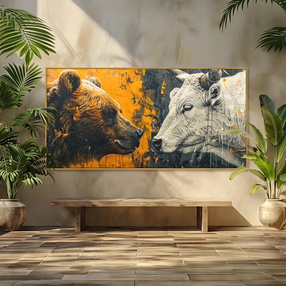 Tablou canvas cu tablou canvas cu urs si taur, in rama de aluminiu auriu