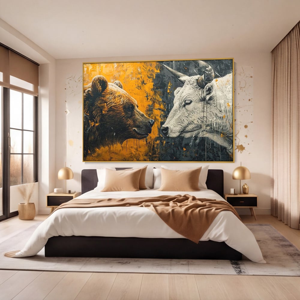 Tablou canvas cu tablou canvas cu urs si taur, in rama de aluminiu auriu, pe perete intr-un dormitor