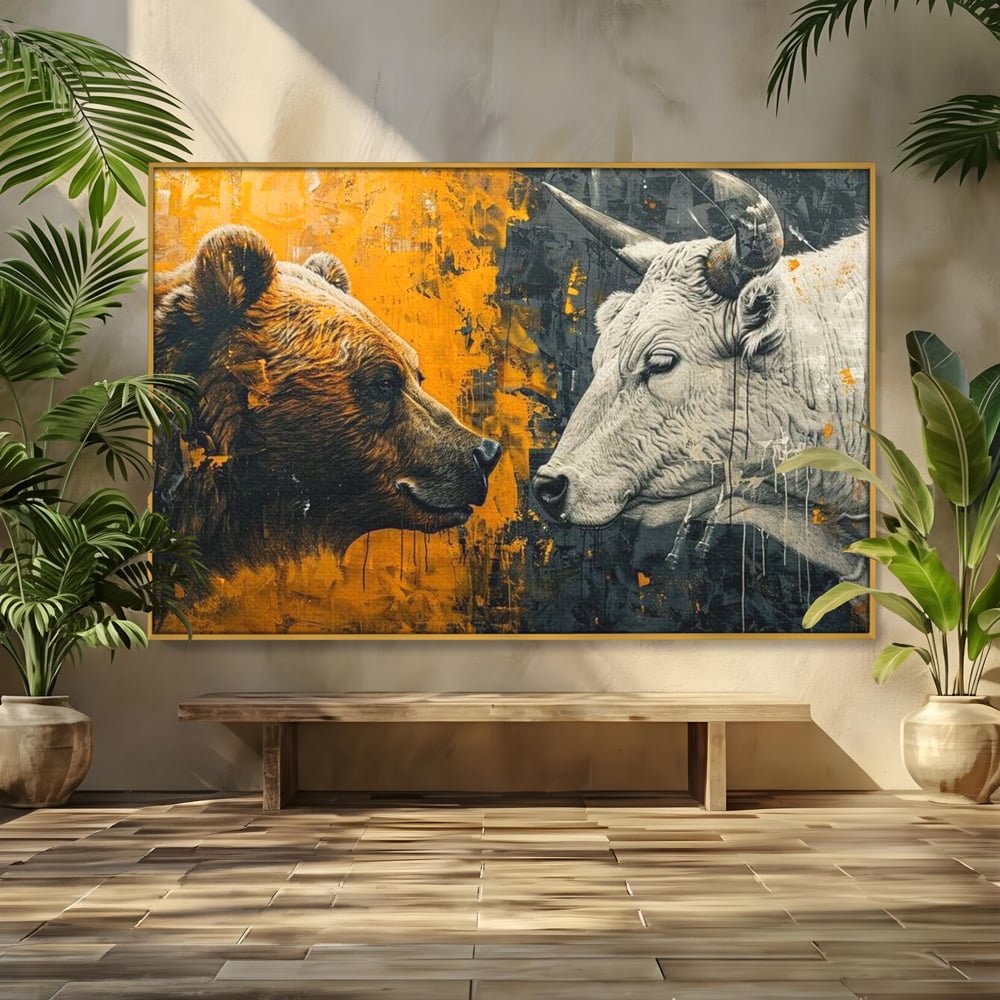 Tablou canvas cu tablou canvas cu urs si taur, in rama de aluminiu auriu