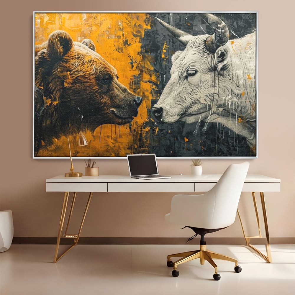 Tablou canvas cu tablou canvas cu urs si taur, in rama de aluminiu argintiu, pe perete intr-un birou