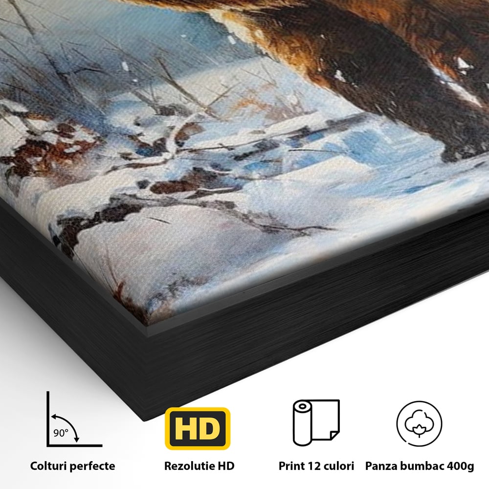 Detaliu al suprafetei: tablou canvas cu urs brun in zapada, in rama de aluminiu negru