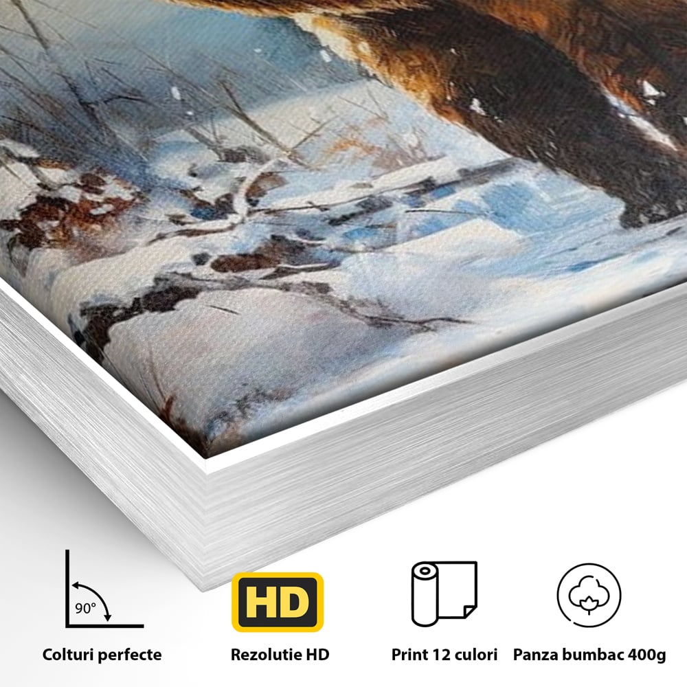 Detaliu al suprafetei: tablou canvas cu urs brun in zapada, in rama de aluminiu argintiu