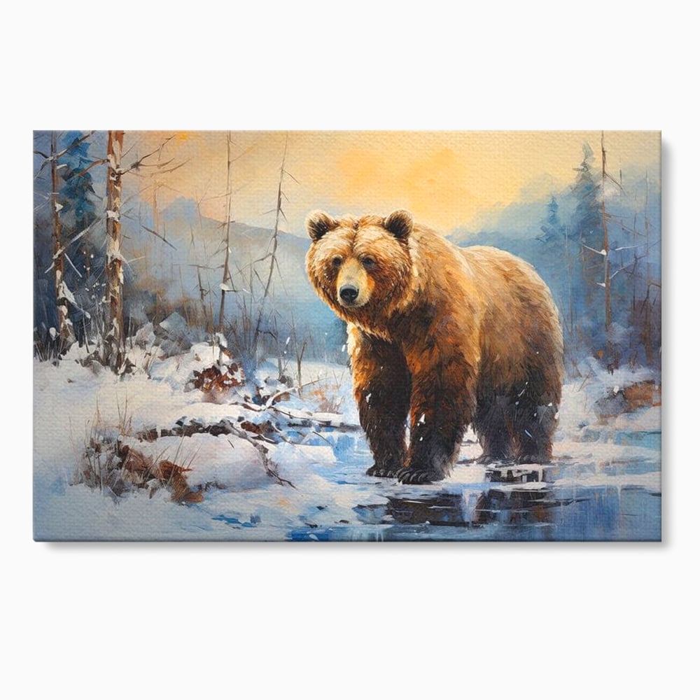Tablou canvas cu tablou canvas cu urs brun in zapada, fara rama, pe sasiu de lemn