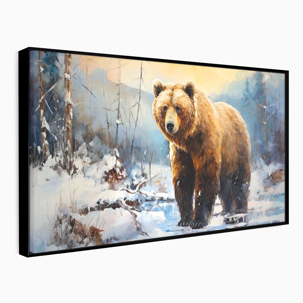 Tablou canvas cu tablou canvas cu urs brun in zapada, in rama de aluminiu negru
