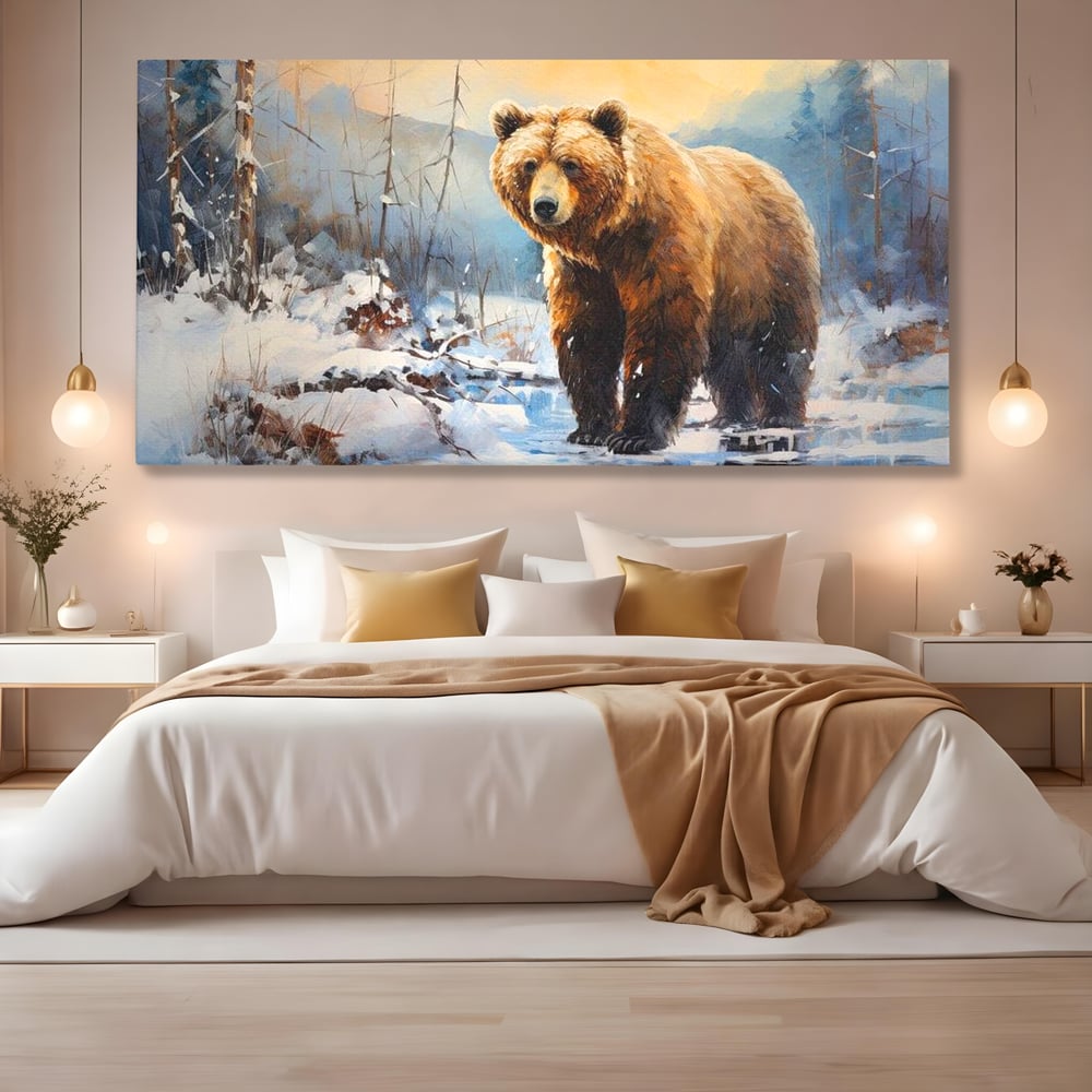 Tablou canvas cu tablou canvas cu urs brun in zapada, fara rama, pe sasiu de lemn, pe perete intr-un dormitor