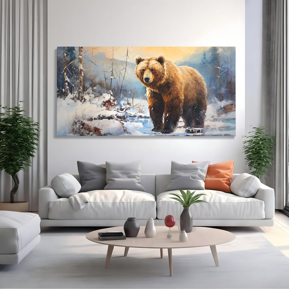 Tablou canvas cu tablou canvas cu urs brun in zapada, fara rama, pe sasiu de lemn, pe perete intr-un living
