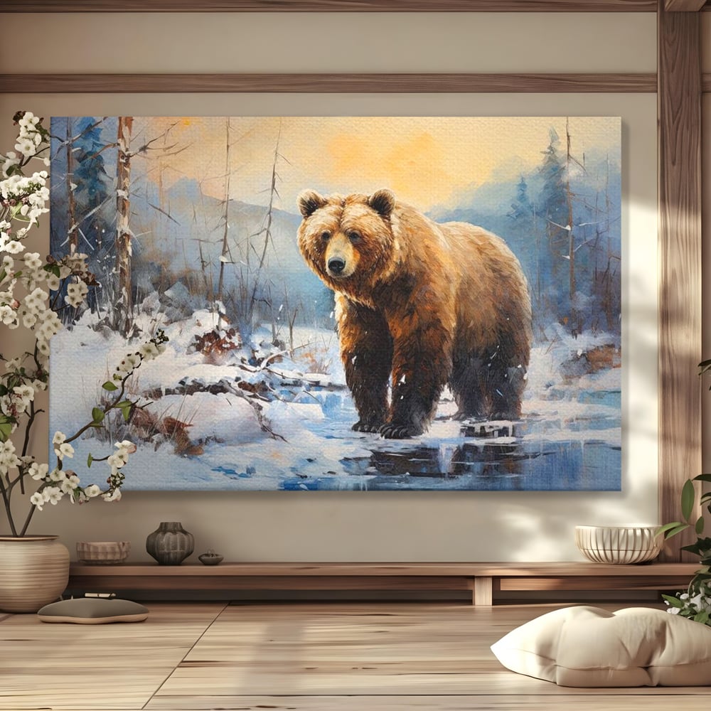 Tablou canvas cu tablou canvas cu urs brun in zapada, fara rama, pe sasiu de lemn