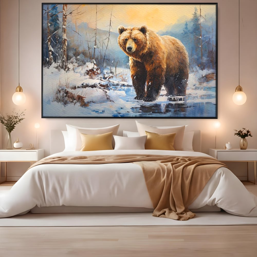 Tablou canvas cu tablou canvas cu urs brun in zapada, in rama de aluminiu negru, pe perete intr-un dormitor