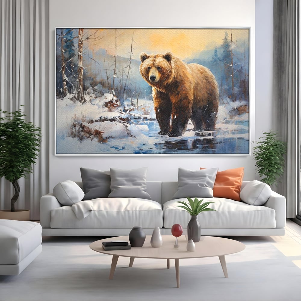 Tablou canvas cu tablou canvas cu urs brun in zapada, in rama de aluminiu argintiu, pe perete intr-un living