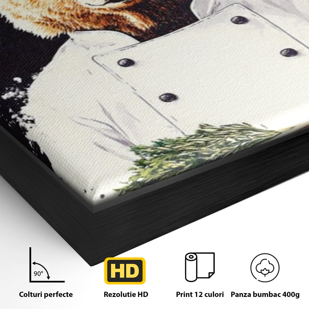 Detaliu al suprafetei: tablou canvas cu urs bucatar, in rama de aluminiu negru