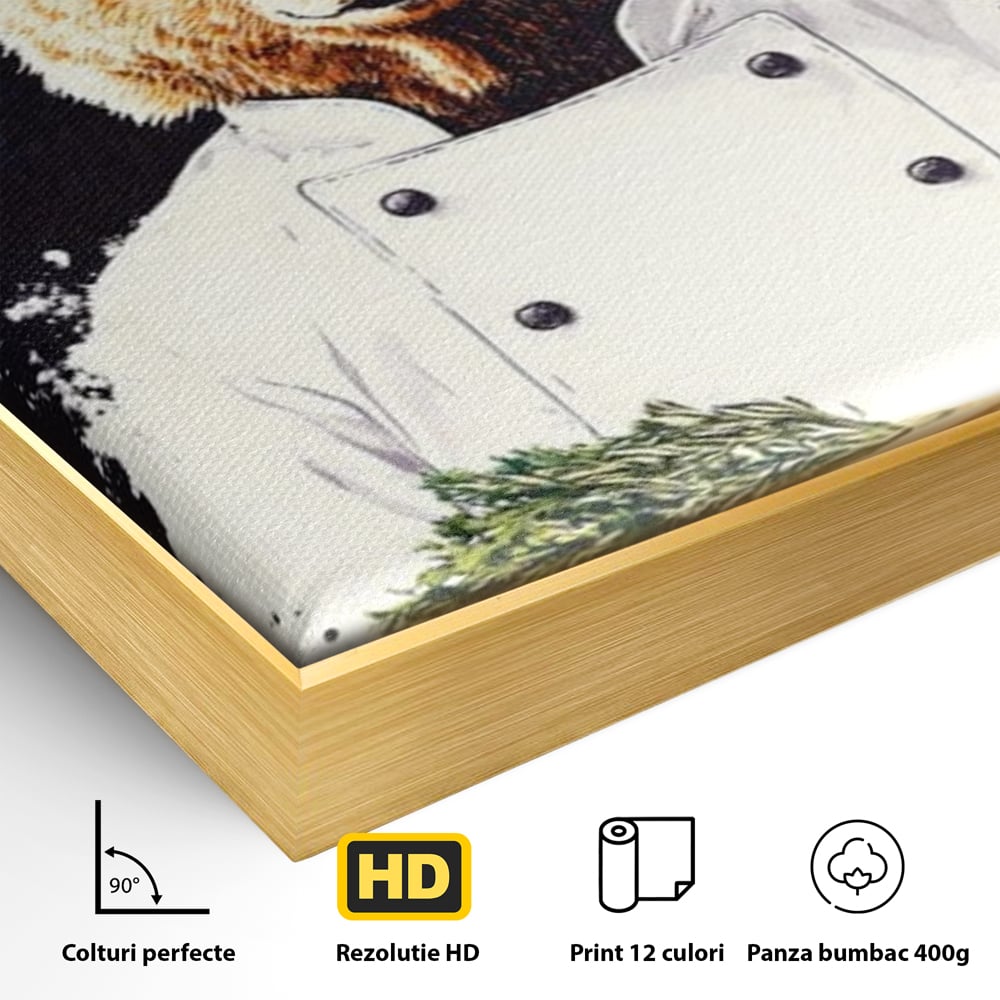 Detaliu al suprafetei: tablou canvas cu urs bucatar, in rama de aluminiu auriu